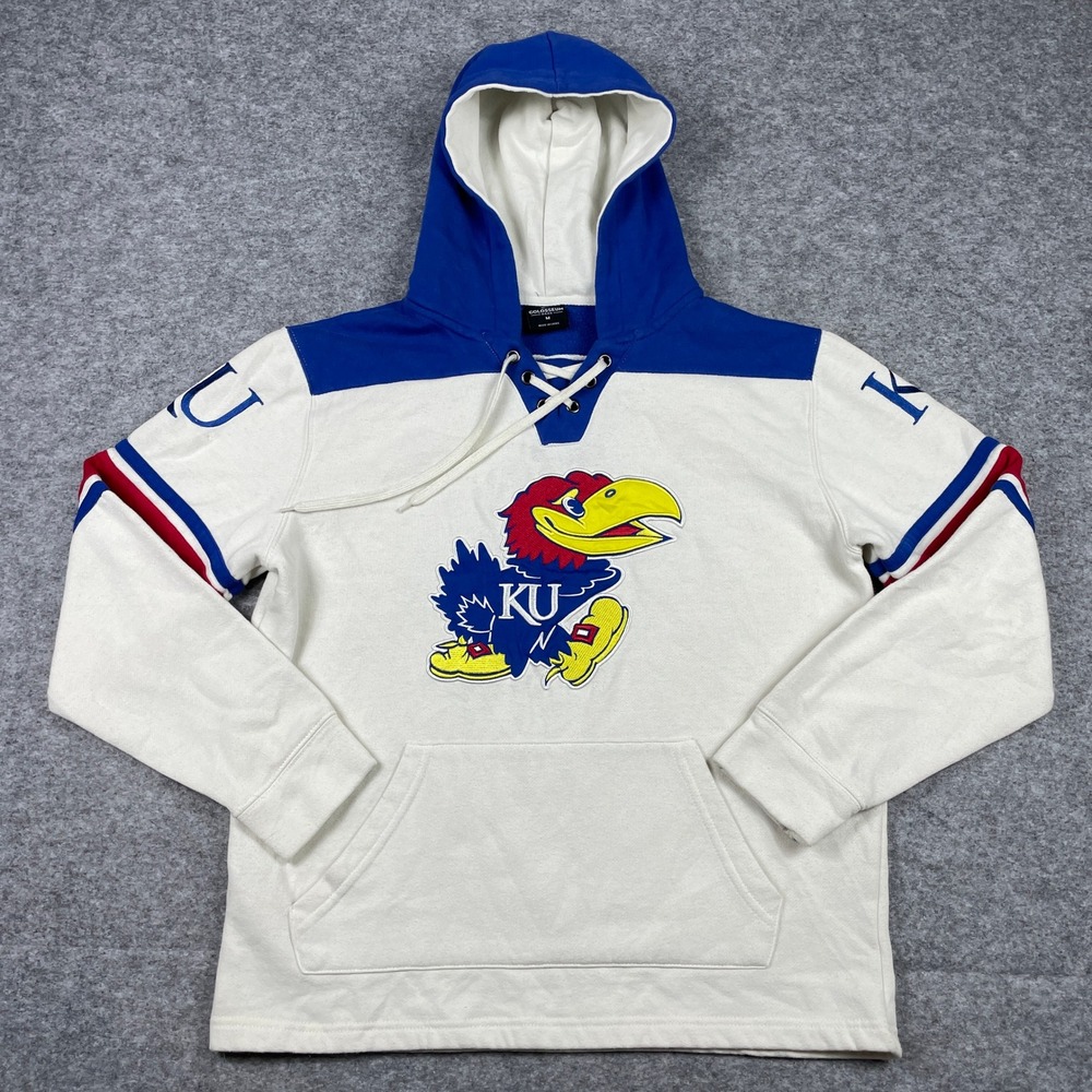 Kansas Jayhawks Hoodie Mens M White Blue Lace Up Neck Colosseum Sweatshirt